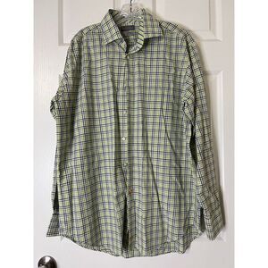 Thomas Dean Button Down Shirt L Large Men's Green Blue Plaid Flip Cuffs Long Sle